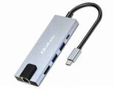 Qoltec Adaptér HUB USB-C 5v1 | USB-C PD 100W | 2xUSB | HDMI 4K | RJ45