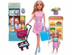 Set panenky a holčičky s nákupním vozíkem v supermarketu