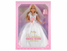 Módní panenka v bílých svatebních šatech s kyticí