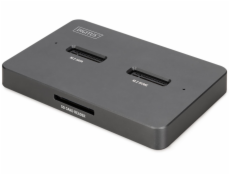 Dokovací stanice USB-C 3.2 Gen2 pro M.2 Duo NVMe a SATA SSD disky (max. 2x 4 TB) s čtečkou karet SD-Express 7.1 (max. 2 TB), černá