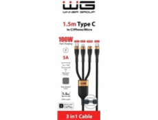 WG - Datový kabel 3v1 Type-C na Type-C na Lightning na Micro USB, 1,5 metrů, 5A, 100W, černá