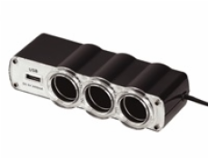WG - Nabíječka do auta,  rozbočovač, 3x zásuvka zapalovače 12V + 1x USB-A, s prodloužením