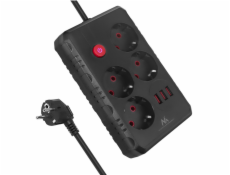 Maclean Prodlužovací kabel MCE392 B, 4 zásuvky, 3xUSB, 110-240V AC 50/60Hz, 2,1A max. 2500W, 1,5m černý