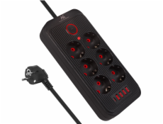 Maclean Prodlužovací kabel MCE391 B, 6 zásuvek, 4xUSB-A, 1xUSB-C, 110–240 V AC 50/60 Hz, 2,1 A max. 2500 W, černý