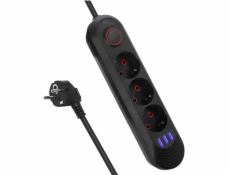 Napájecí lišta Maclean, 3zásuvkový prodlužovací kabel + 3xUSB, 110-240V AC 50/60Hz, 2,1A max. 2500W, 1,5 m, černá, MCE394 B