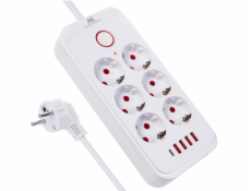 Maclean MCE391 W prodlužovací kabel 6 zásuvek 4xUSB-A 1xUSB-C 110-240V AC 50/60Hz, 2,1A max. 2500W, bílý