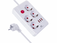 Napájecí lišta Maclean, prodlužovací kabel se 4 zásuvkami + 3xUSB, 110-240V AC 50/60Hz, 2,1A max. 2500W, 3m, bílá, MCE393 W