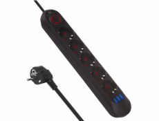 Maclean Prodlužovací kabel MCE395 B, 5 zásuvek, 3xUSB, 110-240V AC 50/60Hz, 2,1A max. 2500W, černý
