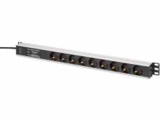 Digitus Prodlužovací lišta PDU Rack (620 mm) s přepěťovou ochranou + filtrem EMI/RFI, 9 zásuvek Schuko CEE 7/3 (45°), kabel 2 m, zástrčka Unischuko CEE