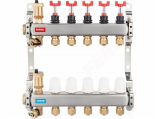 Ferro Nerezový rozdělovač 1 11cestný s termostatickými ventily, průtokoměry, automatickými odvzdušňovacími ventily, vypouštěcími ventily, 1/2 niplemi a spojkami pro vícevrstvé potrubí 16x2 mm