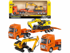HUINA Nákladní vůz s přívěsem, odtahovka, kovový bagr, oranžová 1:50