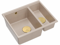 GraniteQ LOGAN 150 perleťově béžový dřez 56x46x22 cm 1,5-dřez bez zapuštění + ruční sifon zlatý, úspora místa