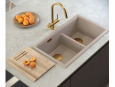 GraniteQ ČTVRÁK | LOGAN 120 | žulový kuchyňský dřez SOFT TAUPE + MĚDĚNÝ PVD | rozměry: 76 x 45 x 23,5 cm | 2komorová vložka | výška dna skříňky od: 80 cm