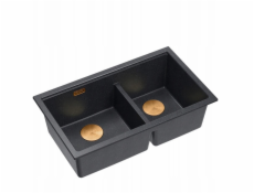 GraniteQ ČTVRÁK | LOGAN 120 | žulový kuchyňský dřez BLACK DIAMOND + MĚDĚNÉ PVD | rozměry: 76 x 45 x 23,5 cm | 2komorová vložka | výška dna skříňky od: 80 cm