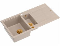GraniteQ Dřez EVAN 156 se sifonem Push To Open, 1,5dílný, s/bez (1000x500x210; rozměr 420x480) perleťově béžových / měděných prvků