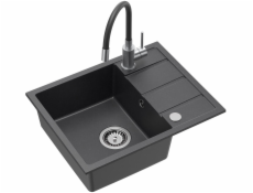 GraniteQ Dřez MIKE 116 z černé žuly, 1 dřez, s/bez (56x44x17,5) + baterie s flexibilním výtokem + sifon + zátka + černá posuvná vložka
