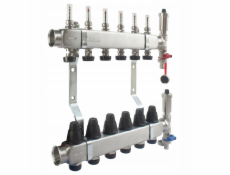 Ferro 14cestný rozdělovač z nerezové oceli s průtokoměry, termostatickými ventily, vypouštěcími ventily a automatickými odvzdušňovacími ventily