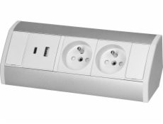 Orno Nábytková zásuvka 2x2P+Z, 2xUSB (typ A+C; 2,4A), bílostříbrná