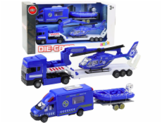 LeanToys Policejní záchranné auto, člun, nákladní vůz, vrtulník, modrá sada