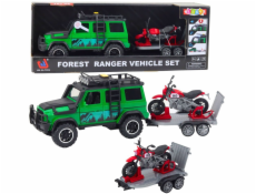 LeanToys Sada terénních vozidel s odtahovkou a motocyklem, světly a zvuky, zelená
