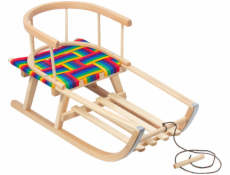 Zelenomodré dřevěné sáňky, opěradlo, látkový sedák, šňůra, do 100 kg, GB154